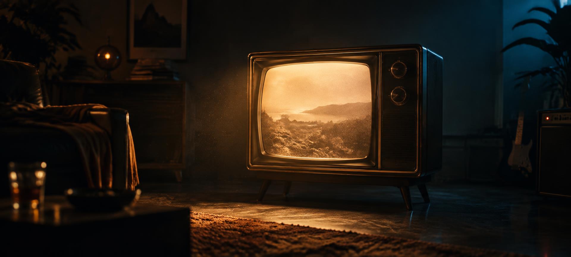 A vintage television glowing warm amber in a dark room